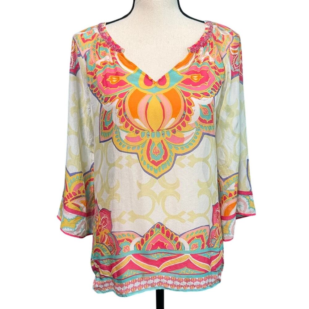 Hale Bob 100% Silk Beaded Neckline Multicolor Print Women's Blouse XS
